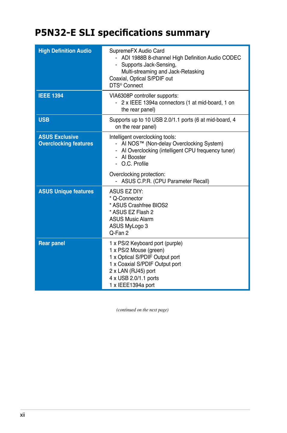 P5n32-e sli specifications summary | Asus P5N32-E SLI User Manual | Page 12 / 158