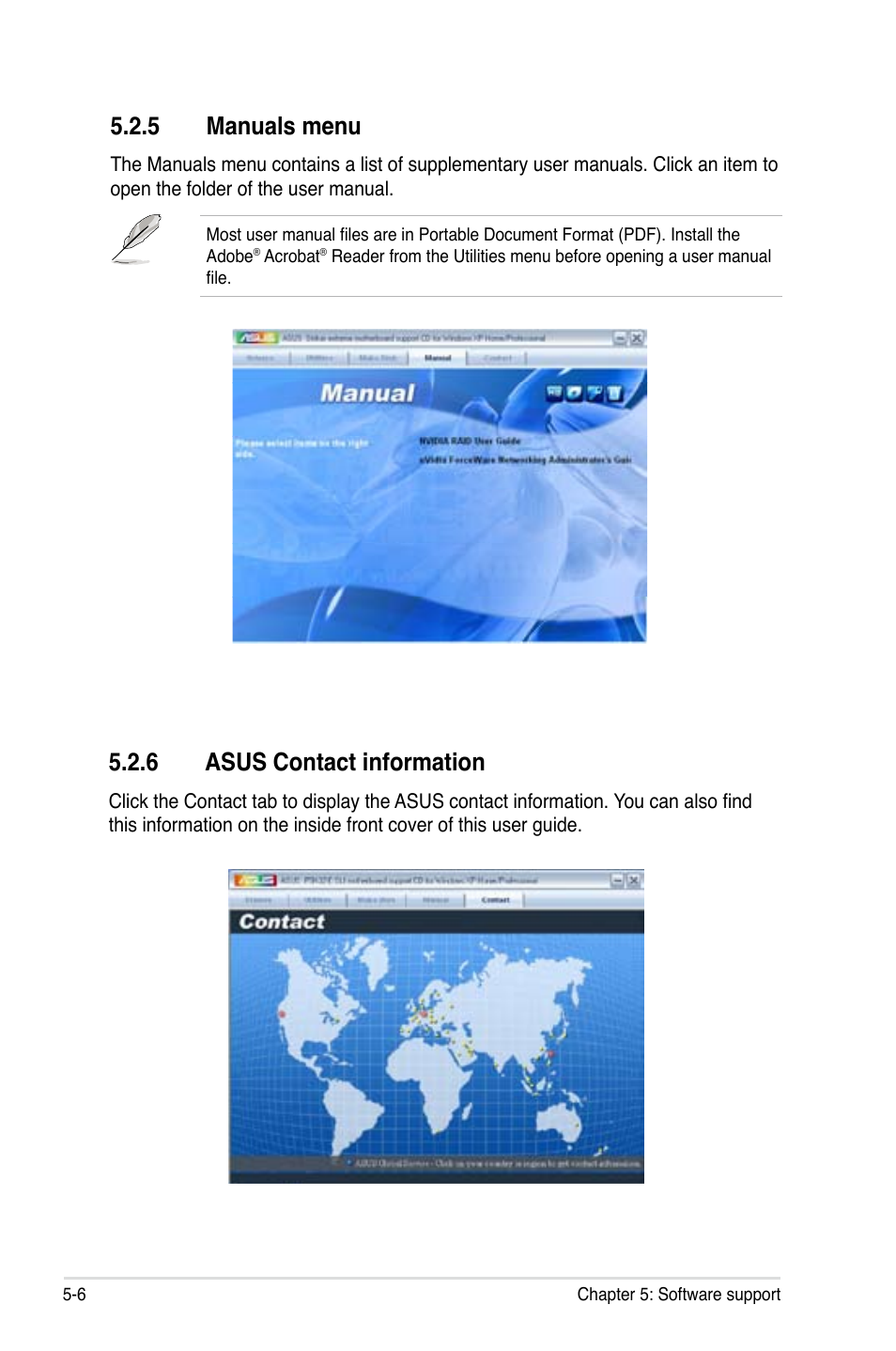 6 asus contact information, 5 manuals menu | Asus P5N32-E SLI User Manual | Page 122 / 158