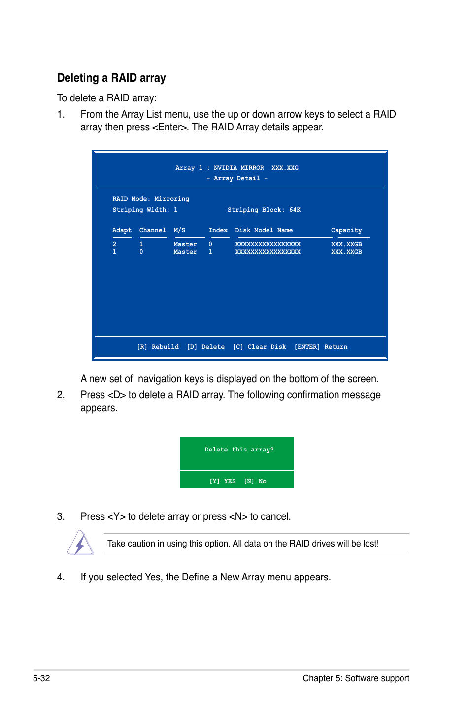 Deleting a raid array | Asus P5N32-E SLI User Manual | Page 148 / 158