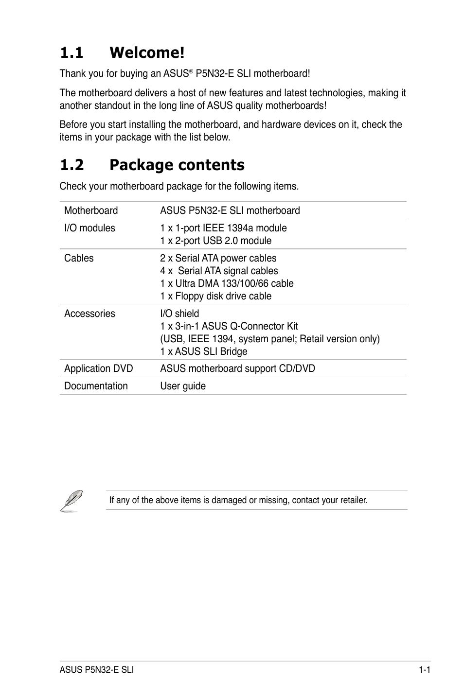 1 welcome, 2 package contents | Asus P5N32-E SLI User Manual | Page 17 / 158