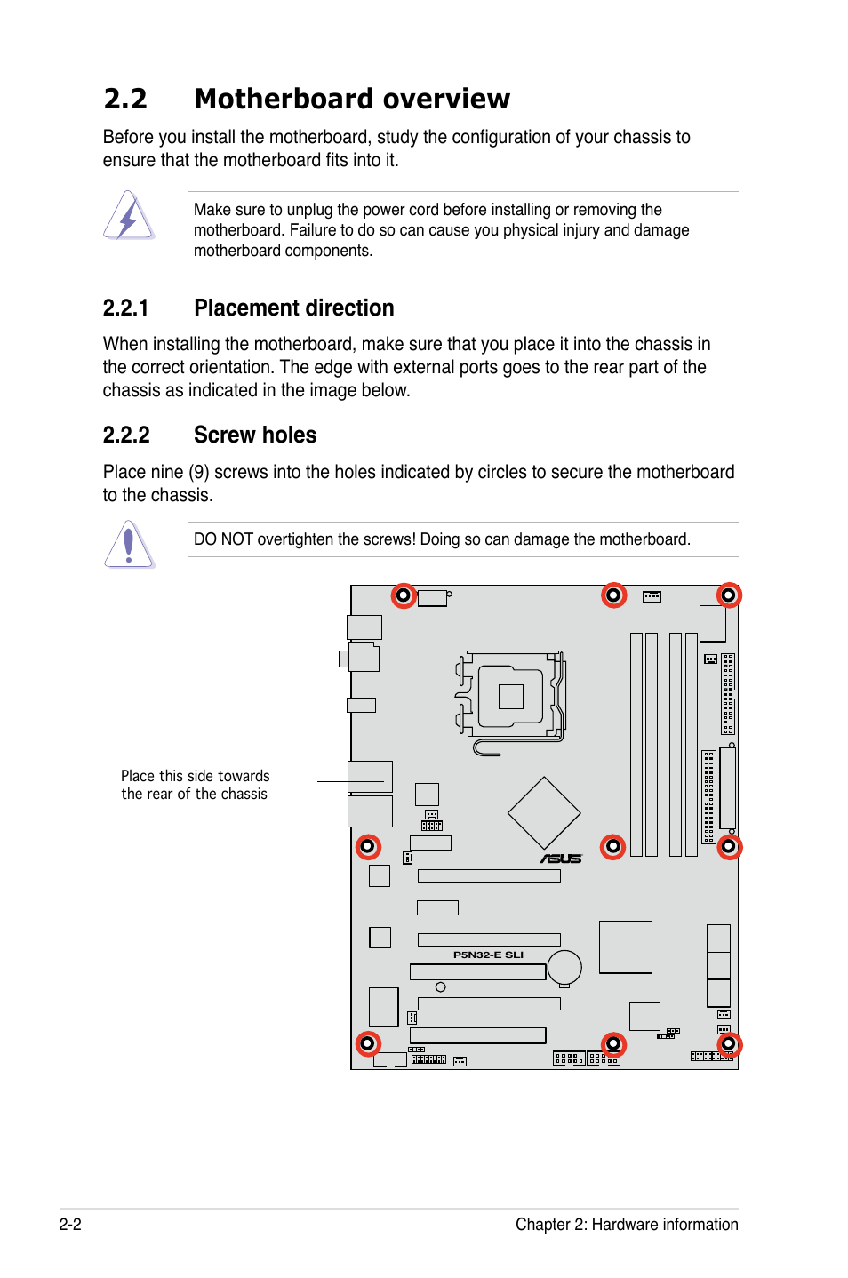 2 motherboard overview, 1 placement direction, 2 screw holes | Asus P5N32-E SLI User Manual | Page 28 / 158