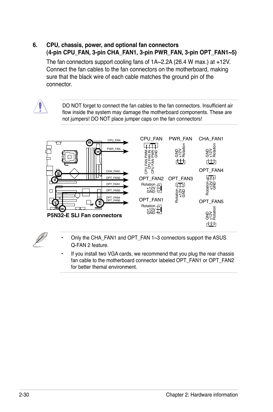 30 chapter 2: hardware information, P5n32-e sli fan connectors | Asus P5N32-E SLI User Manual | Page 56 / 158