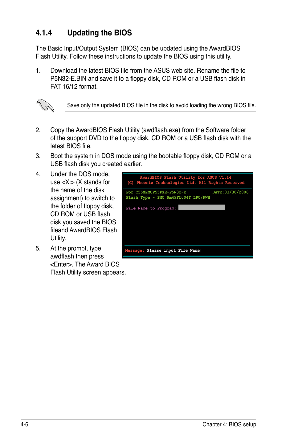 4 updating the bios | Asus P5N32-E SLI User Manual | Page 74 / 158