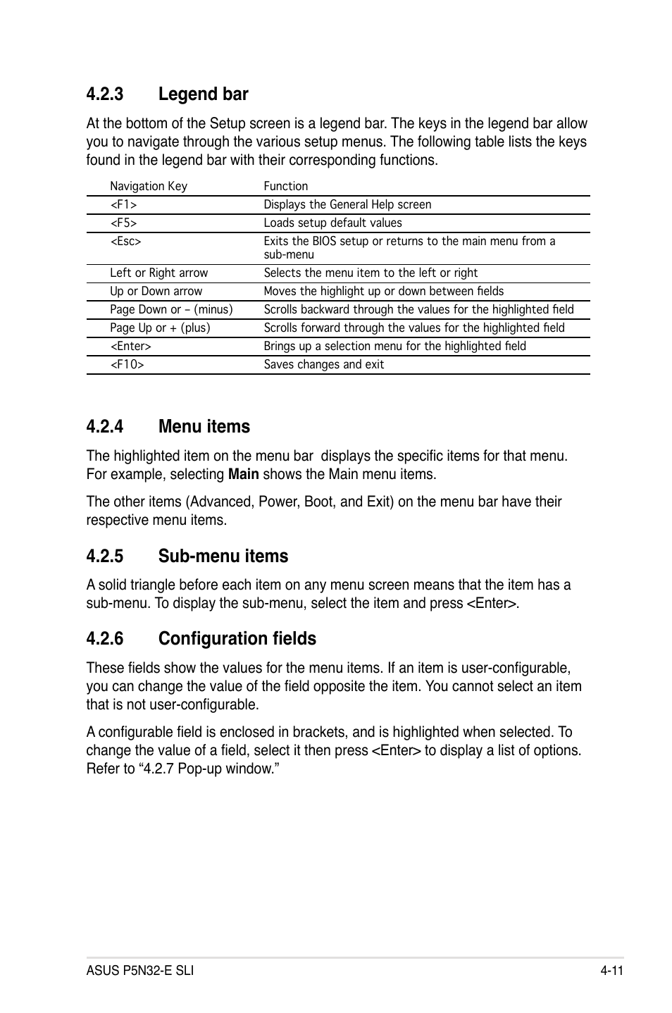 4 menu items, 5 sub-menu items, 6 configuration fields | 3 legend bar | Asus P5N32-E SLI User Manual | Page 79 / 158