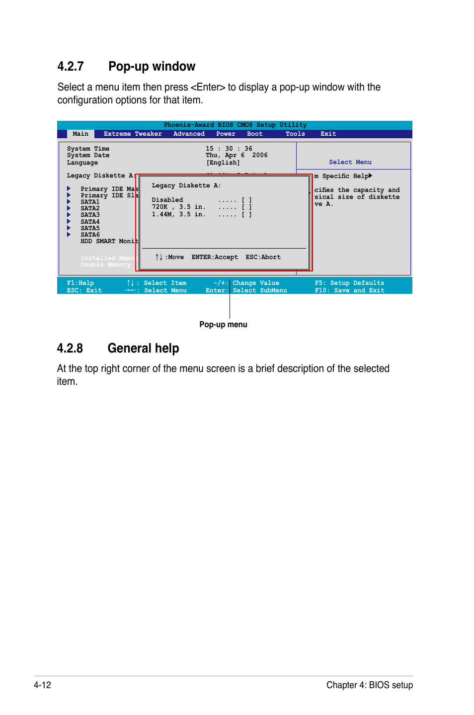 7 pop-up window, 8 general help, 12 chapter 4: bios setup | Asus P5N32-E SLI User Manual | Page 80 / 158
