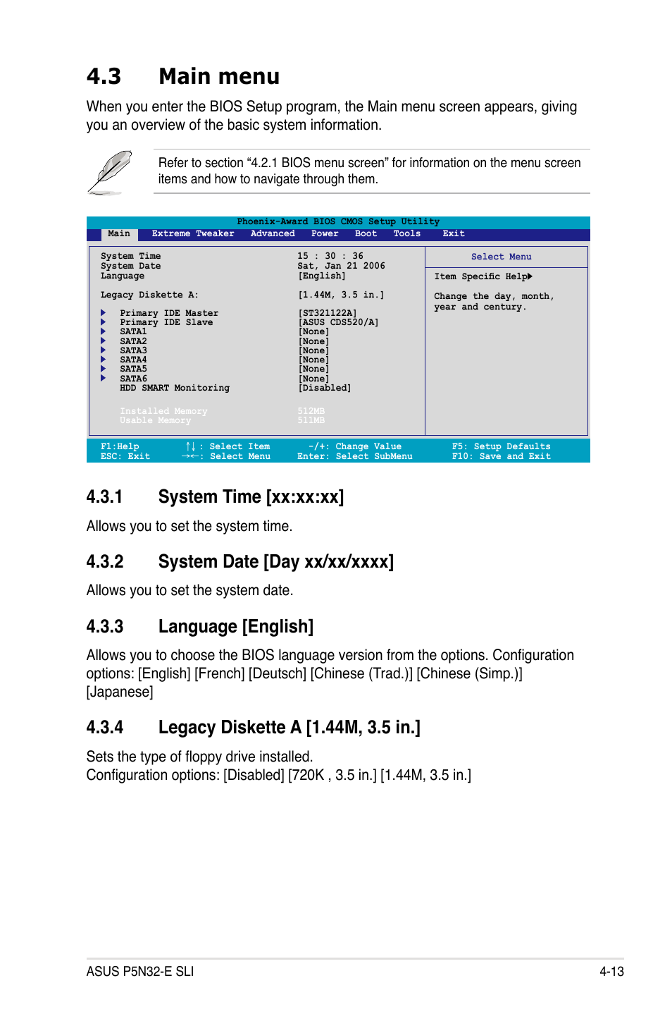 3 main menu, 1 system time [xx:xx:xx, 3 language [english | Allows you to set the system time, Allows you to set the system date | Asus P5N32-E SLI User Manual | Page 81 / 158