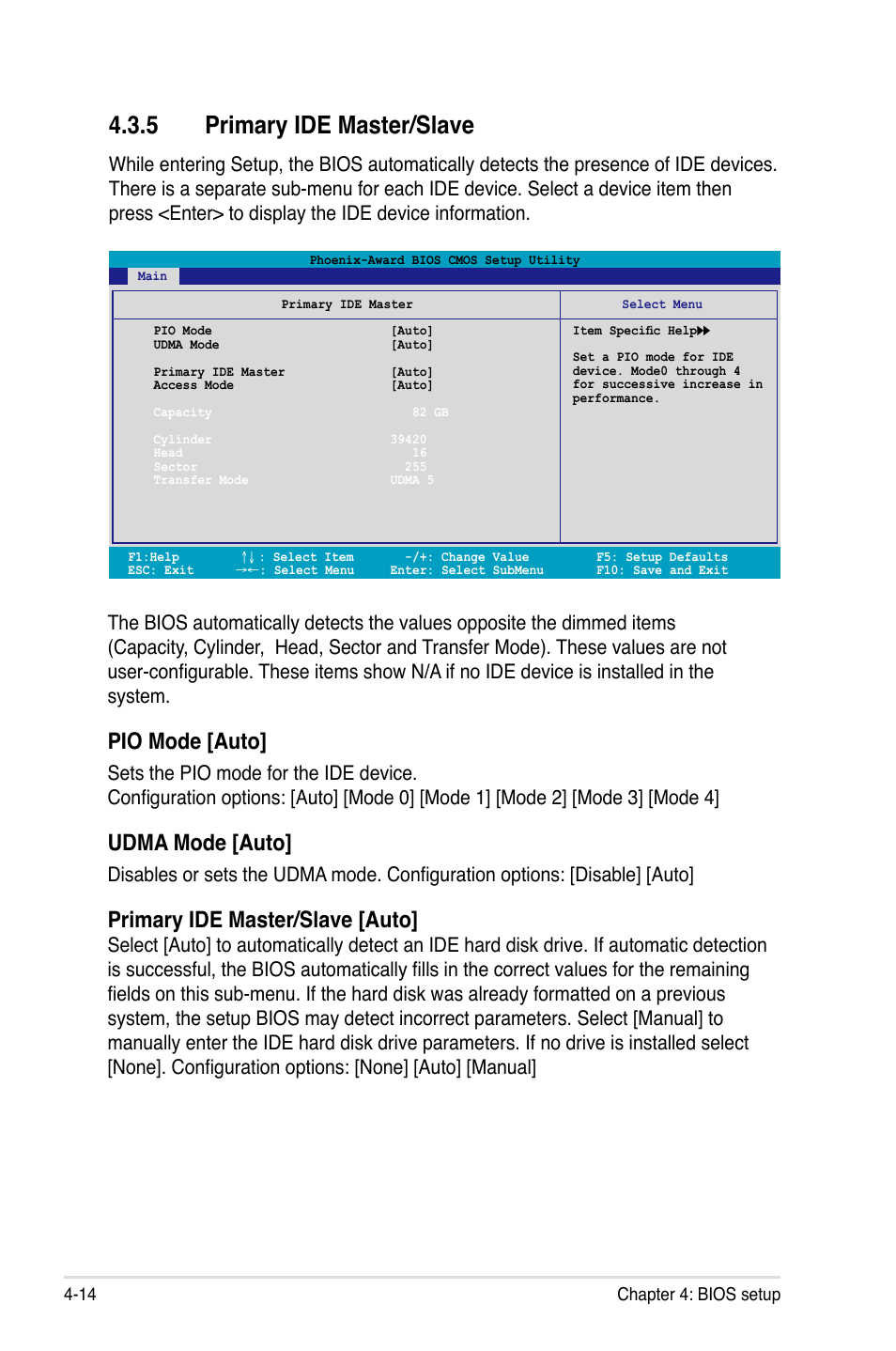 5 primary ide master/slave, Pio mode [auto, Udma mode [auto | Primary ide master/slave [auto | Asus P5N32-E SLI User Manual | Page 82 / 158