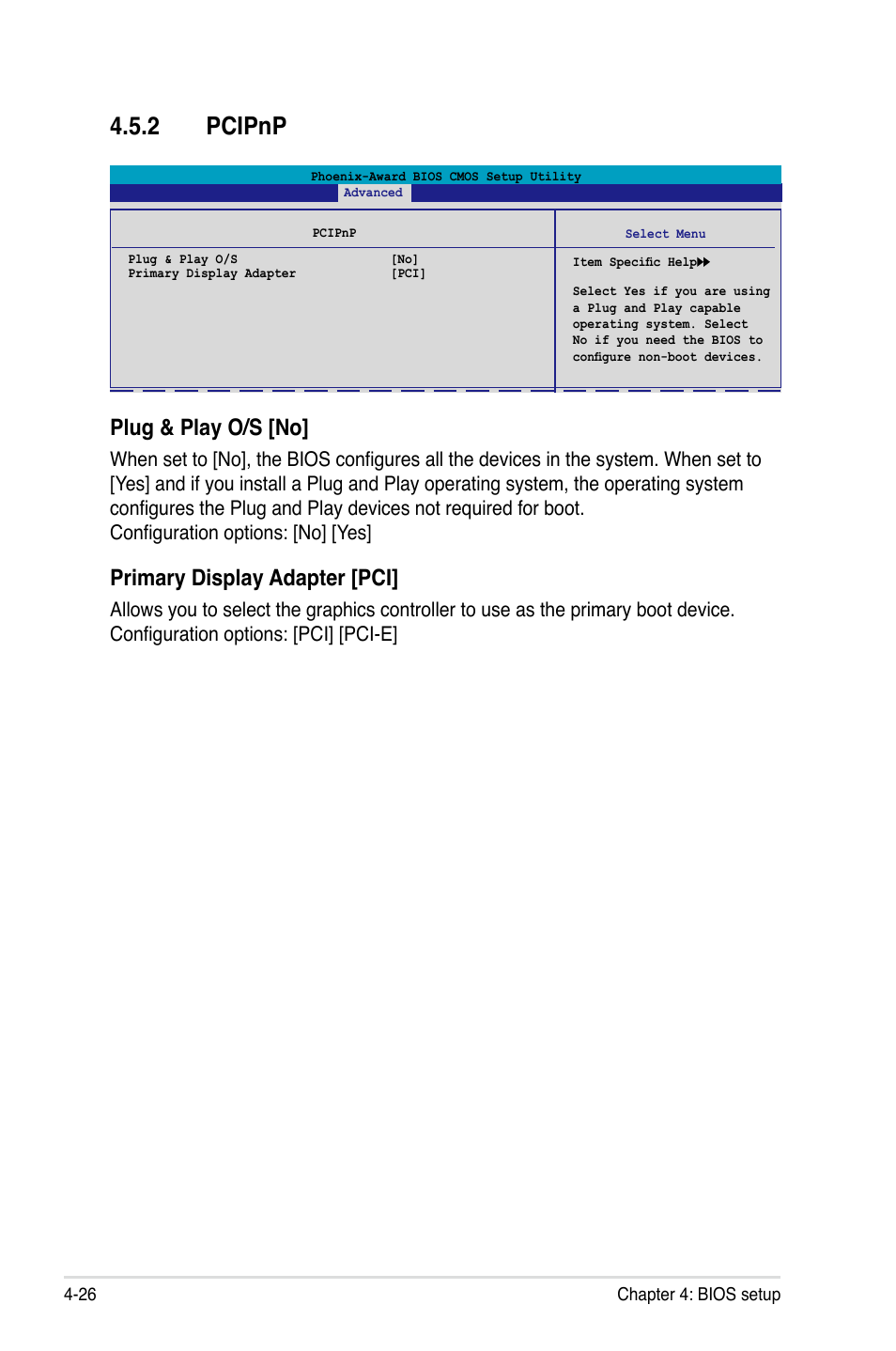 2 pcipnp, Plug & play o/s [no, Primary display adapter [pci | Asus P5N32-E SLI User Manual | Page 94 / 158