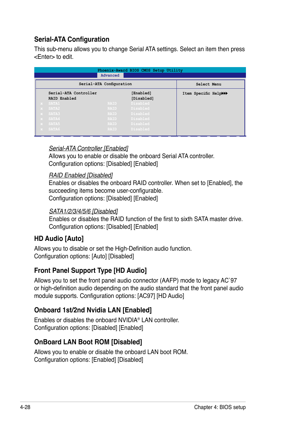 Serial-ata configuration, Hd audio [auto, Front panel support type [hd audio | Onboard 1st/2nd nvidia lan [enabled, Onboard lan boot rom [disabled, Enables or disables the onboard nvidia | Asus P5N32-E SLI User Manual | Page 96 / 158
