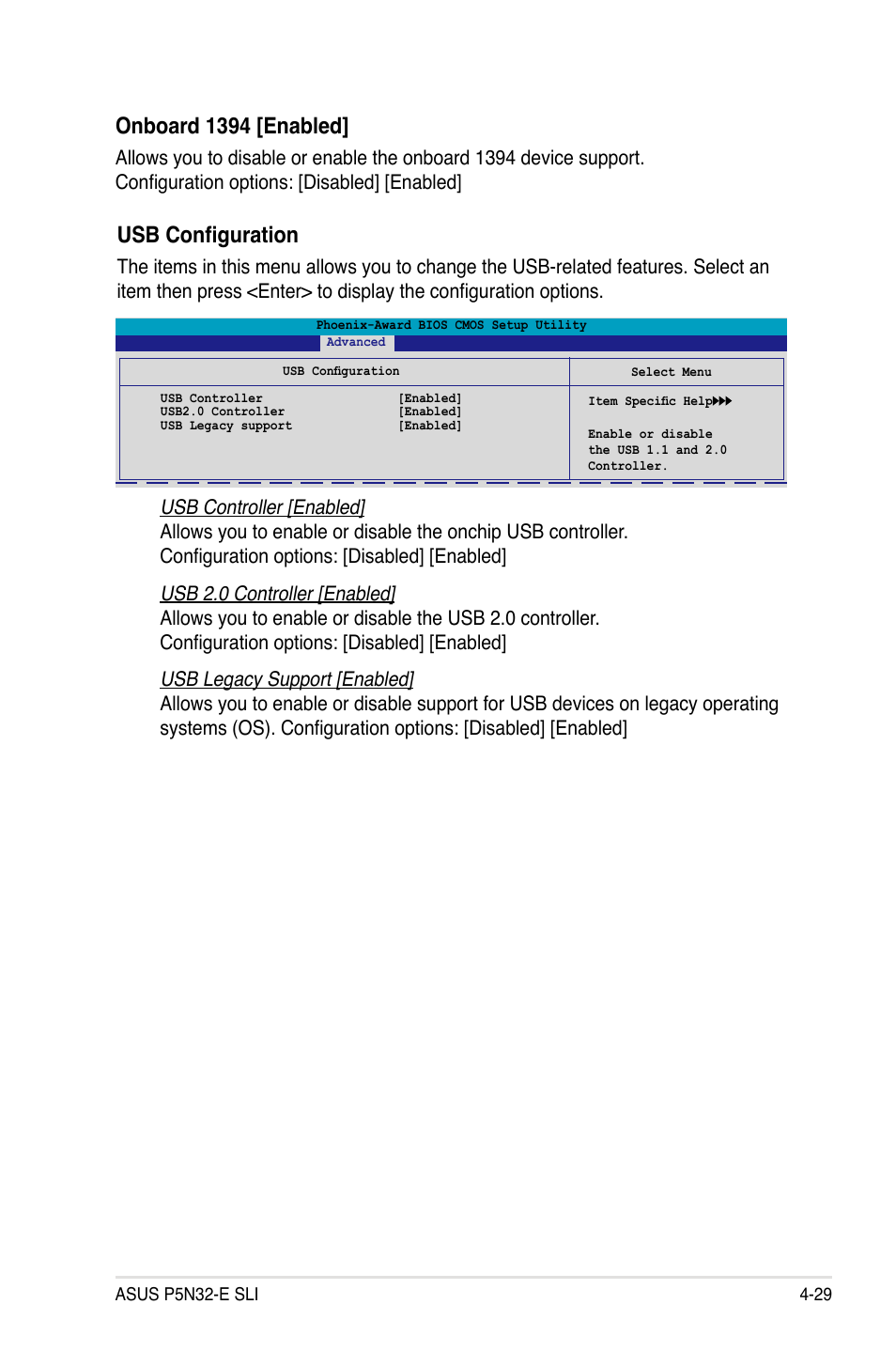 Onboard 1394 [enabled, Usb configuration | Asus P5N32-E SLI User Manual | Page 97 / 158