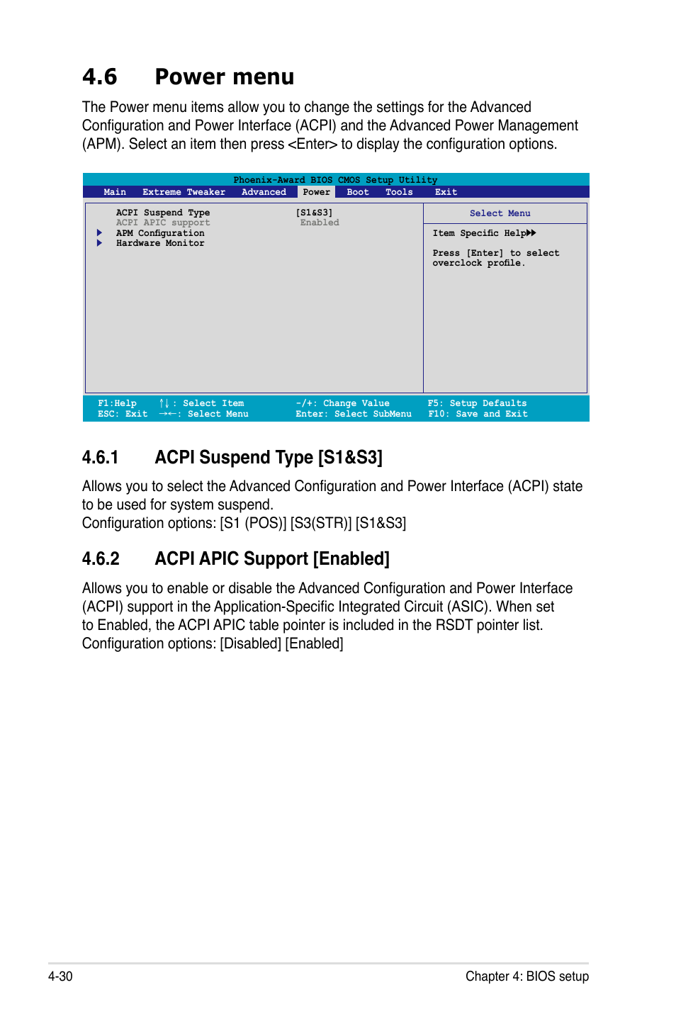 6 power menu, 1 acpi suspend type [s1&s3, 2 acpi apic support [enabled | Asus P5N32-E SLI User Manual | Page 98 / 158