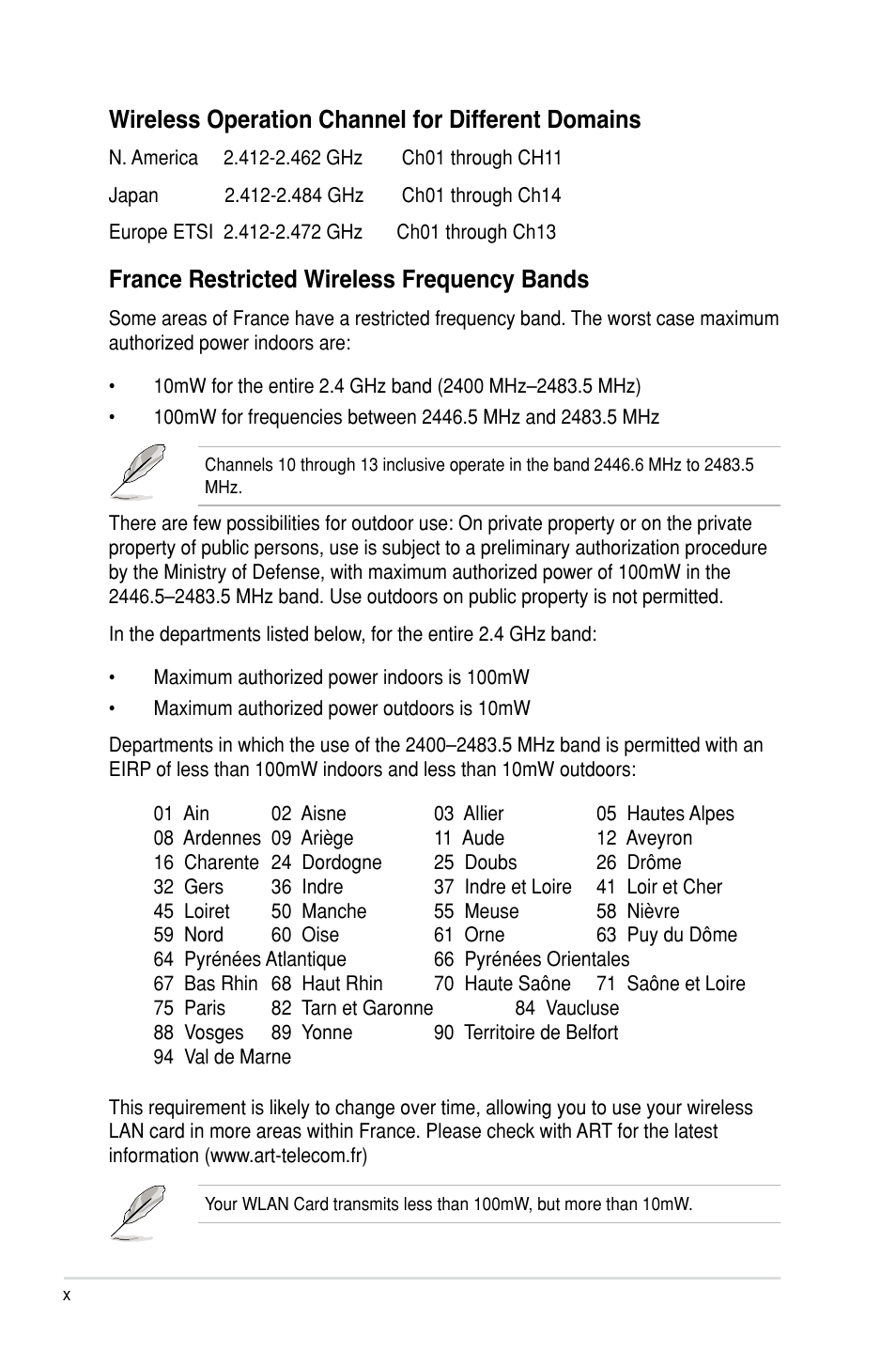 Wireless operation channel for different domains, France restricted wireless frequency bands | Asus Maximus III Extreme User Manual | Page 10 / 180