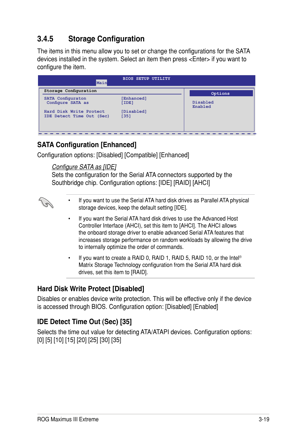 5 storage configuration, Sata configuration [enhanced, Hard disk write protect [disabled | Ide detect time out (sec) [35 | Asus Maximus III Extreme User Manual | Page 103 / 180
