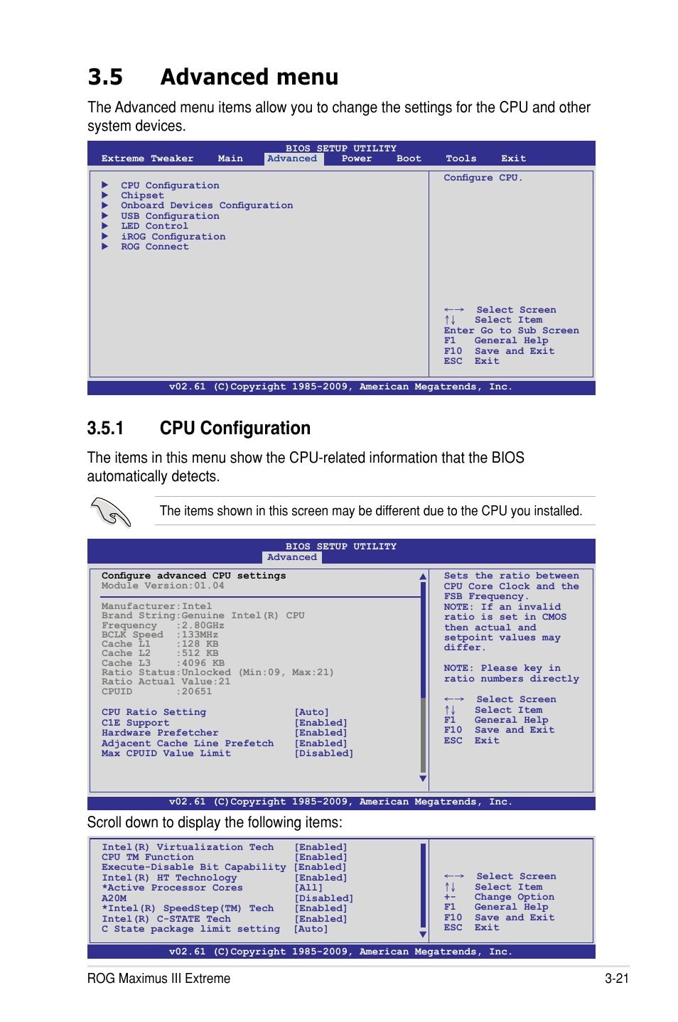 5 advanced menu, 1 cpu configuration, Scroll down to display the following items | Rog maximus iii extreme 3-21 | Asus Maximus III Extreme User Manual | Page 105 / 180