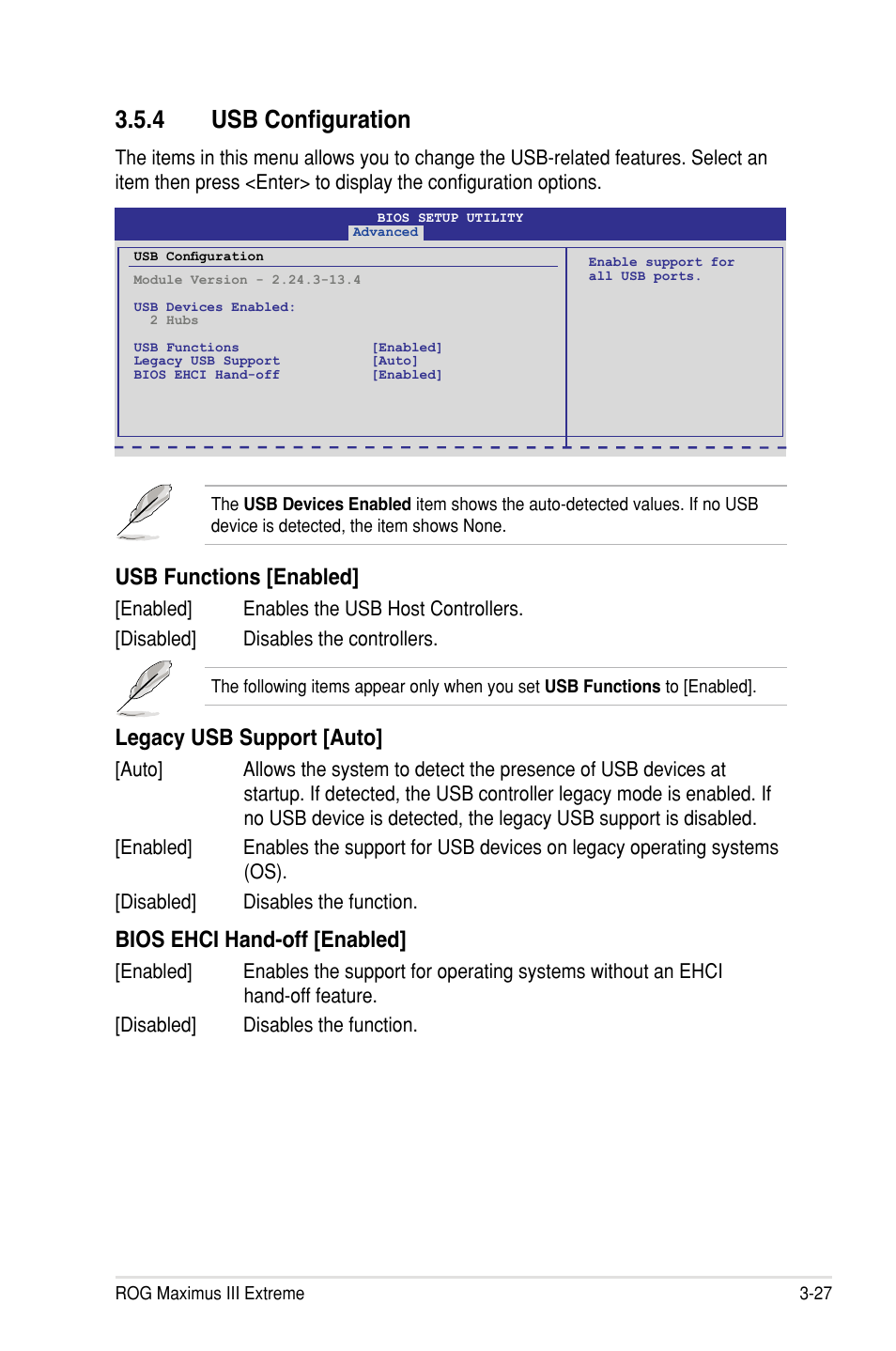 4 usb configuration, Usb functions [enabled, Legacy usb support [auto | Bios ehci hand-off [enabled | Asus Maximus III Extreme User Manual | Page 111 / 180