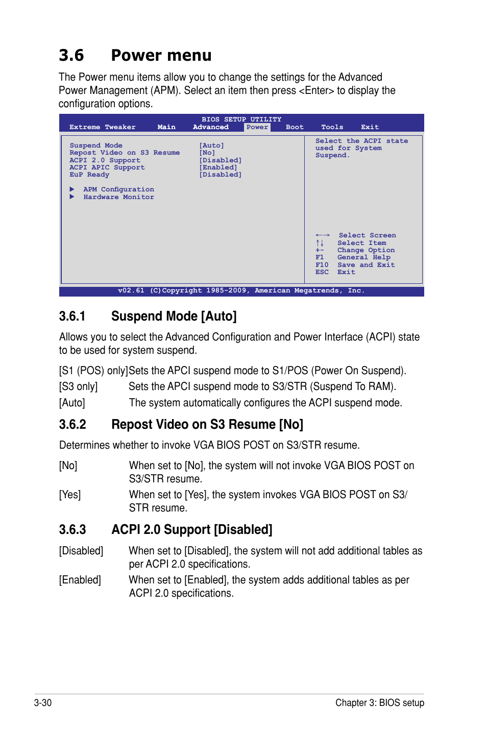 6 power menu, 1 suspend mode [auto, 2 repost video on s3 resume [no | 3 acpi 2.0 support [disabled | Asus Maximus III Extreme User Manual | Page 114 / 180