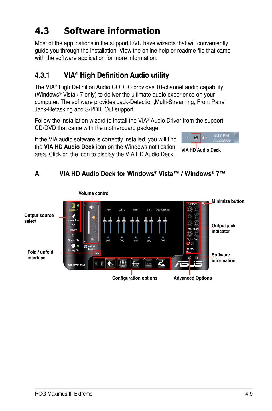 3 software information, 1 via, High definition audio utility | A. via hd audio deck for windows, Vista™ / windows | Asus Maximus III Extreme User Manual | Page 139 / 180