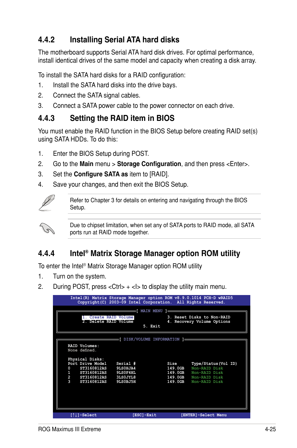 4 intel, Matrix storage manager option rom utility, 3 setting the raid item in bios | 2 installing serial ata hard disks | Asus Maximus III Extreme User Manual | Page 155 / 180