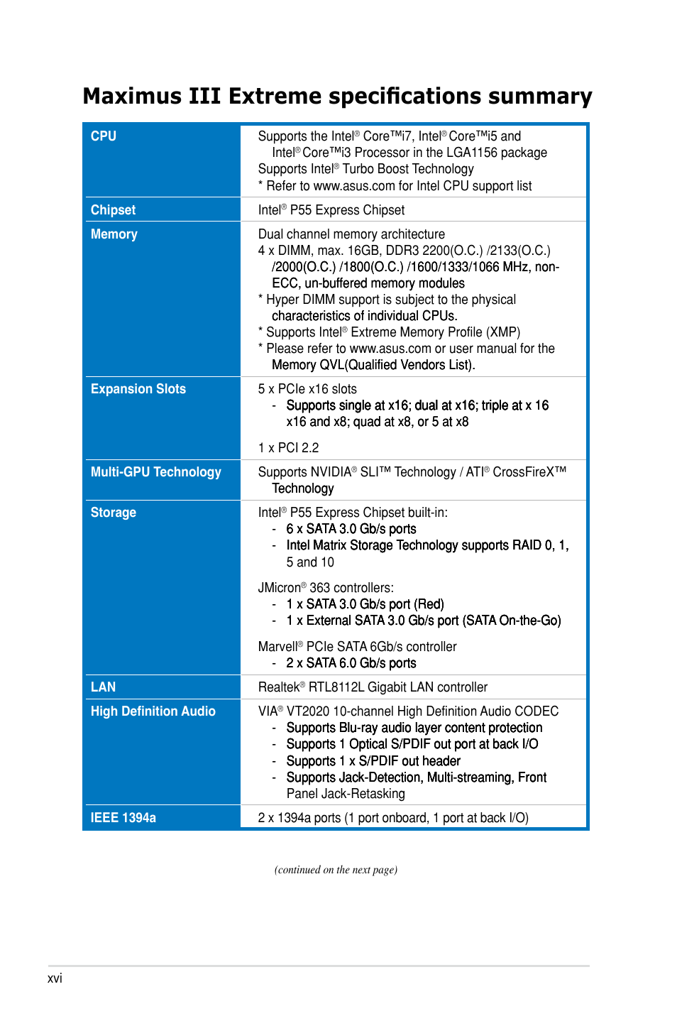 Maximus iii extreme specifications summary | Asus Maximus III Extreme User Manual | Page 16 / 180