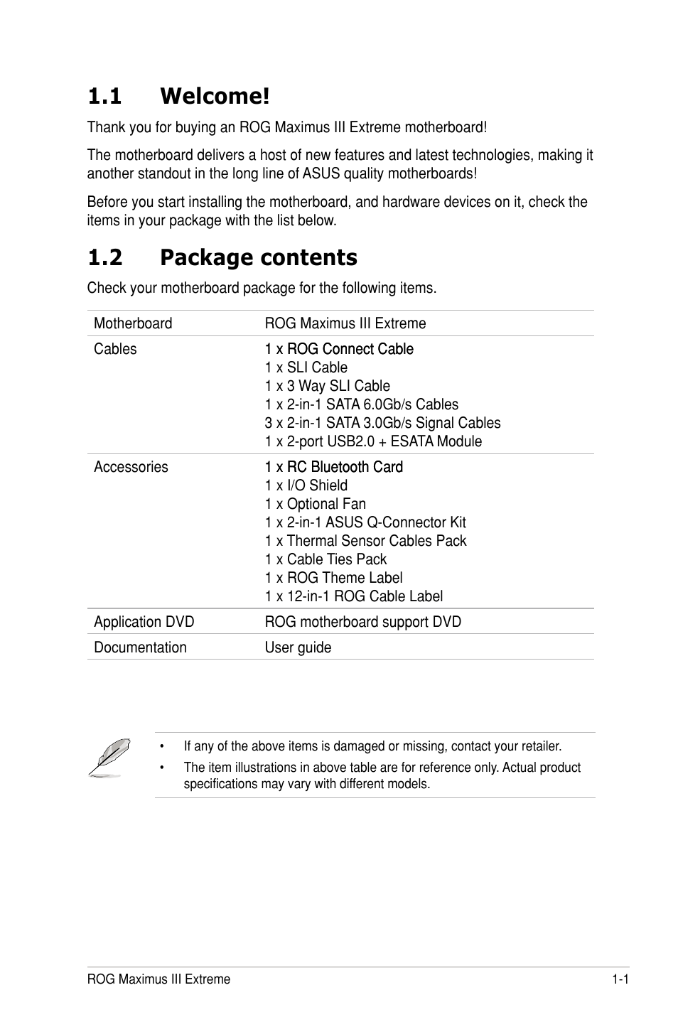 1 welcome, 2 package contents | Asus Maximus III Extreme User Manual | Page 21 / 180