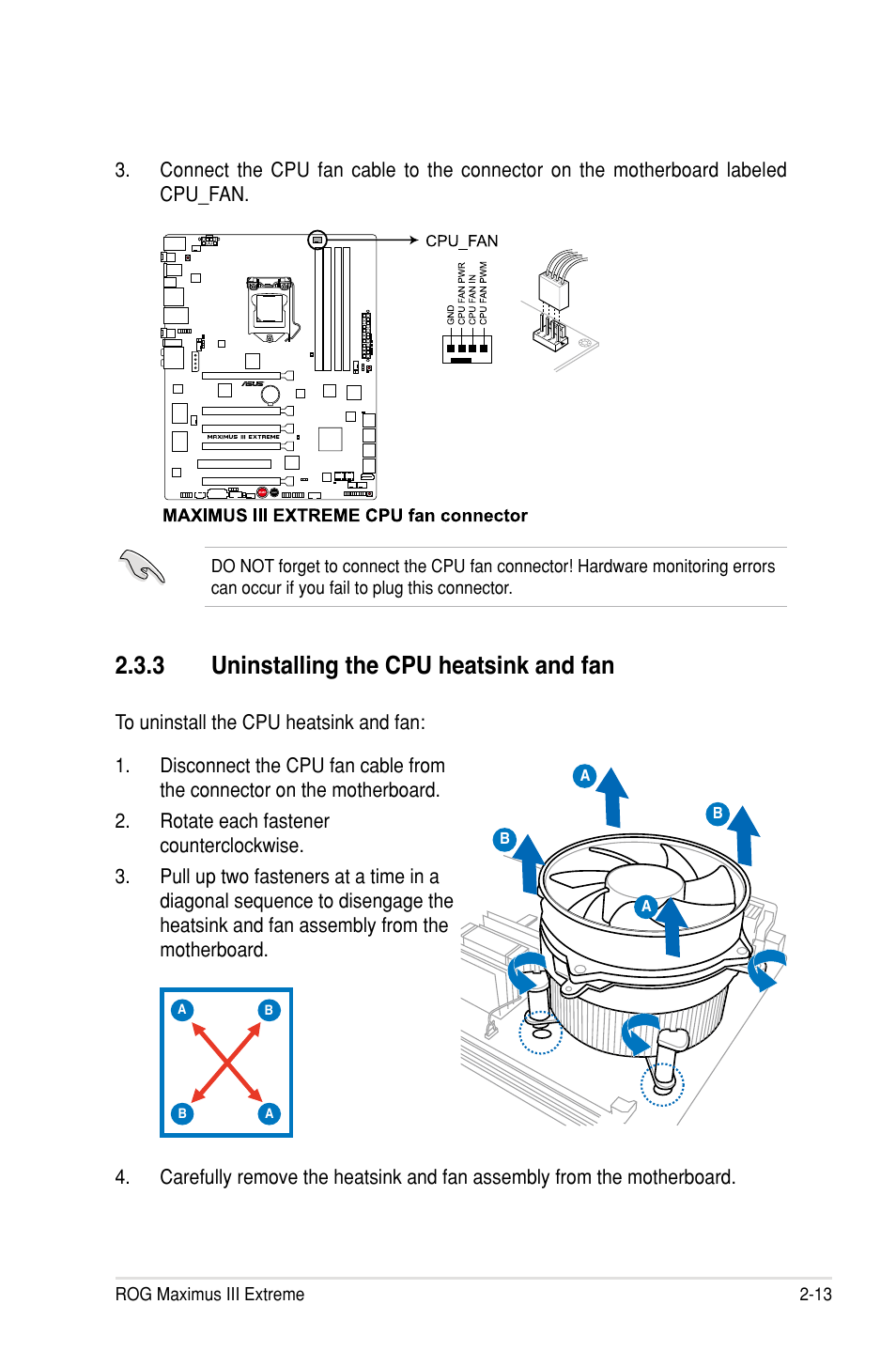 3 uninstalling the cpu heatsink and fan | Asus Maximus III Extreme User Manual | Page 43 / 180