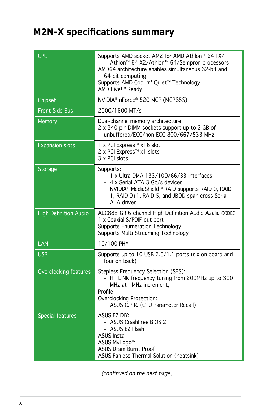 M2n-x specifications summary | Asus M2N-X User Manual | Page 10 / 92