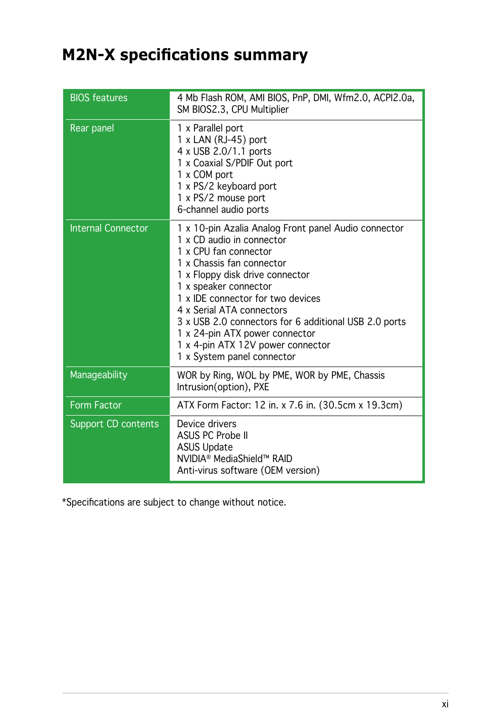 M2n-x specifications summary | Asus M2N-X User Manual | Page 11 / 92