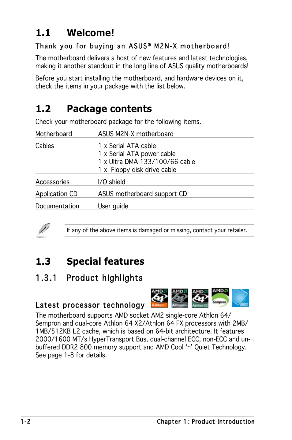 1 welcome, 2 package contents, 3 special features | 1 product highlights | Asus M2N-X User Manual | Page 14 / 92