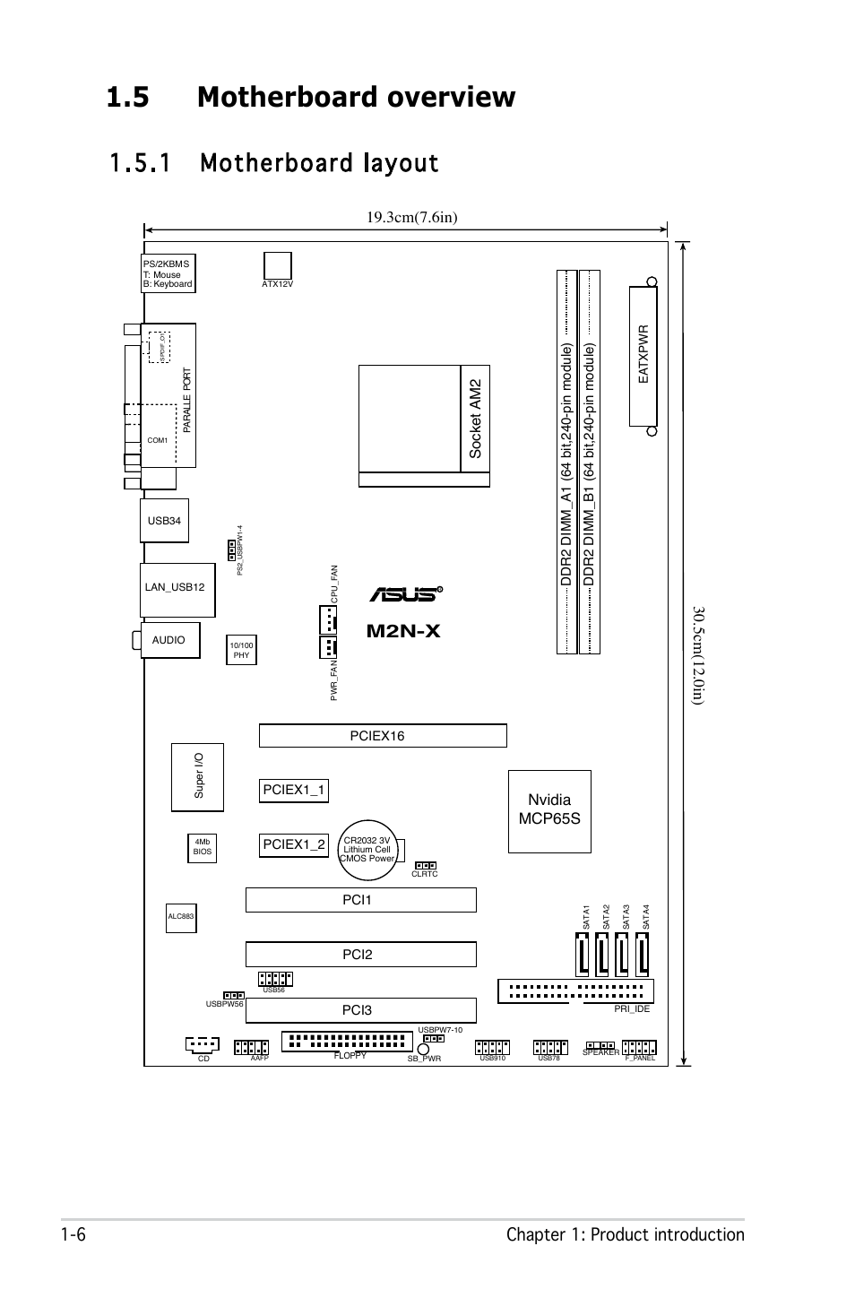 5 motherboard overview, 1 motherboard layout, 6 chapter 1: product introduction | M2n-x, Nvidia mcp6s, Socket am2, Pci2 pci1 pci | Asus M2N-X User Manual | Page 18 / 92