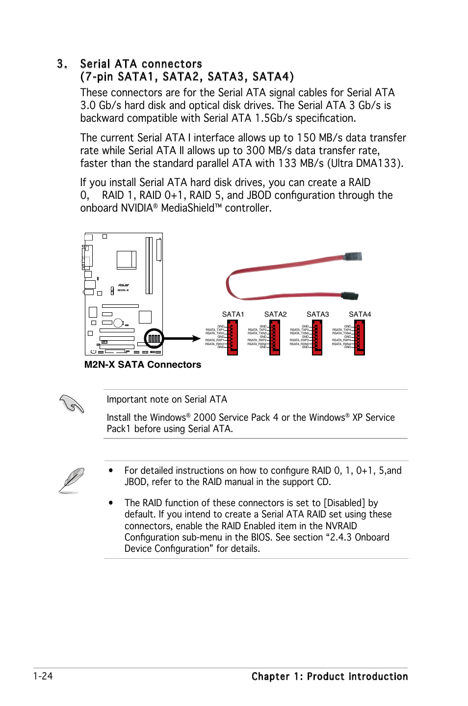 Mediashield™ controller, 24 chapter 1: product introduction, M2n-x sata connectors | Asus M2N-X User Manual | Page 36 / 92