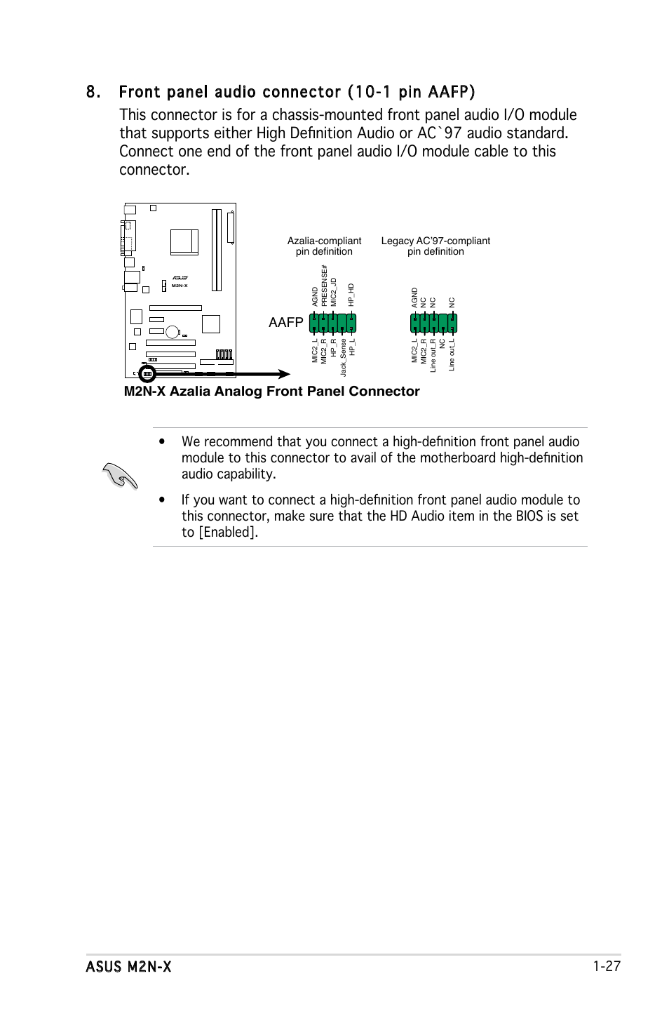 Asus m2n-x 1-27, M2n-x azalia analog front panel connector, Aafp | Asus M2N-X User Manual | Page 39 / 92