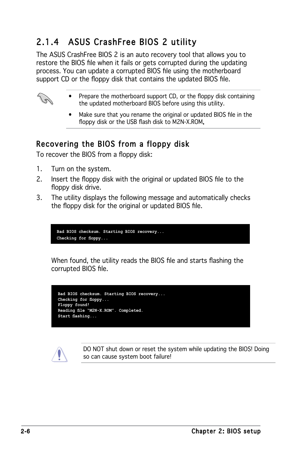 4 asus crashfree bios 2 utility, Recovering the bios from a floppy disk | Asus M2N-X User Manual | Page 48 / 92