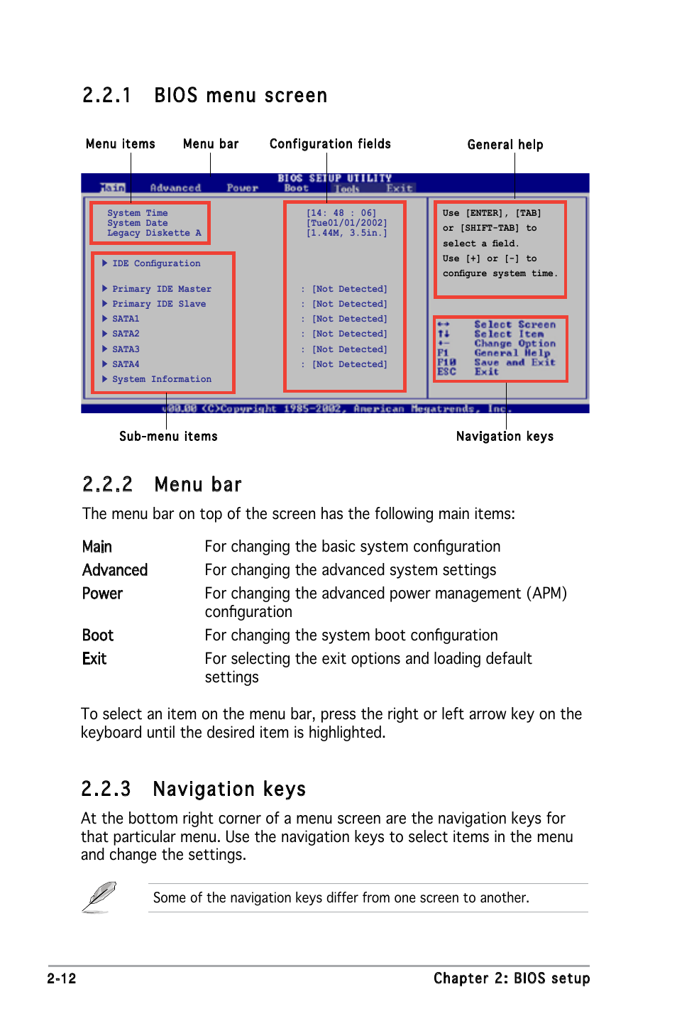 2 menu bar, 1 bios menu screen, 3 navigation keys | Asus M2N-X User Manual | Page 54 / 92