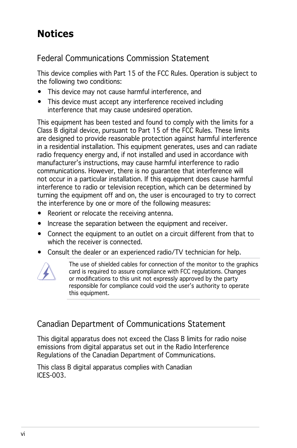 Notices, Federal communications commission statement, Canadian department of communications statement | Asus M2N-X User Manual | Page 6 / 92