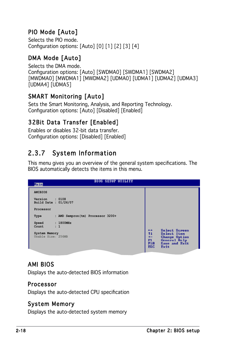 7 system information, Pio mode [auto, Dma mode [auto | Smart monitoring [auto, 32bit data transfer [enabled, Ami bios, Processor | Asus M2N-X User Manual | Page 60 / 92