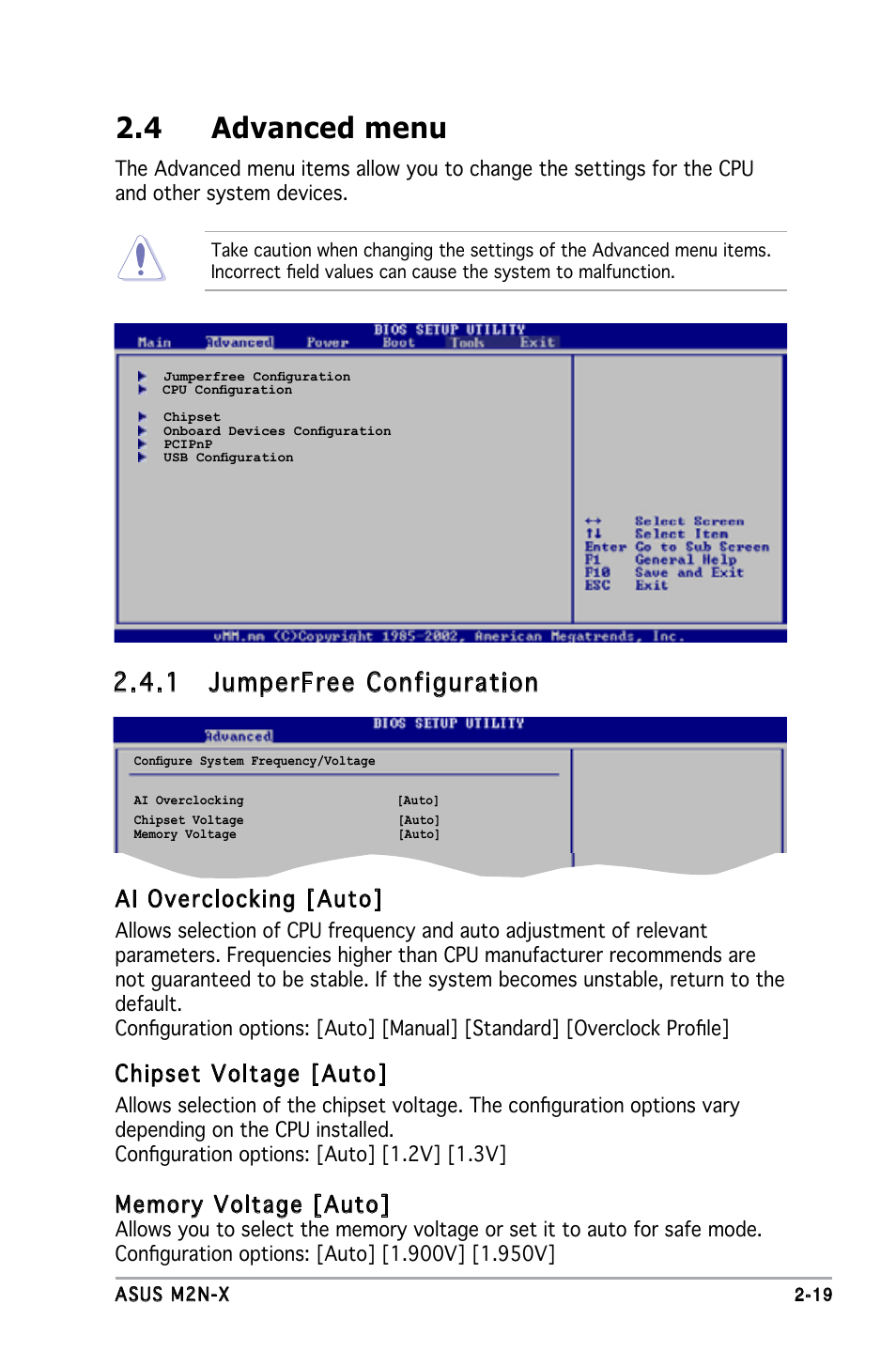 4 advanced menu, 1 jumperfree configuration, Ai overclocking [auto | Chipset voltage [auto | Asus M2N-X User Manual | Page 61 / 92