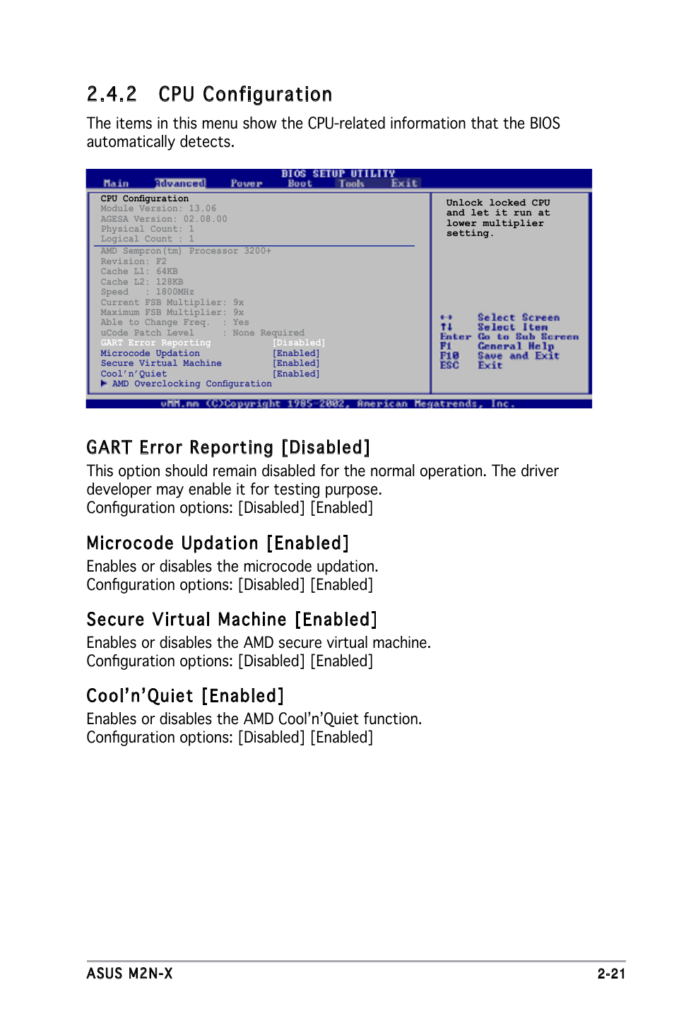 2 cpu configuration, Gart error reporting [disabled, Microcode updation [enabled | Secure virtual machine [enabled, Cool’n’quiet [enabled | Asus M2N-X User Manual | Page 63 / 92