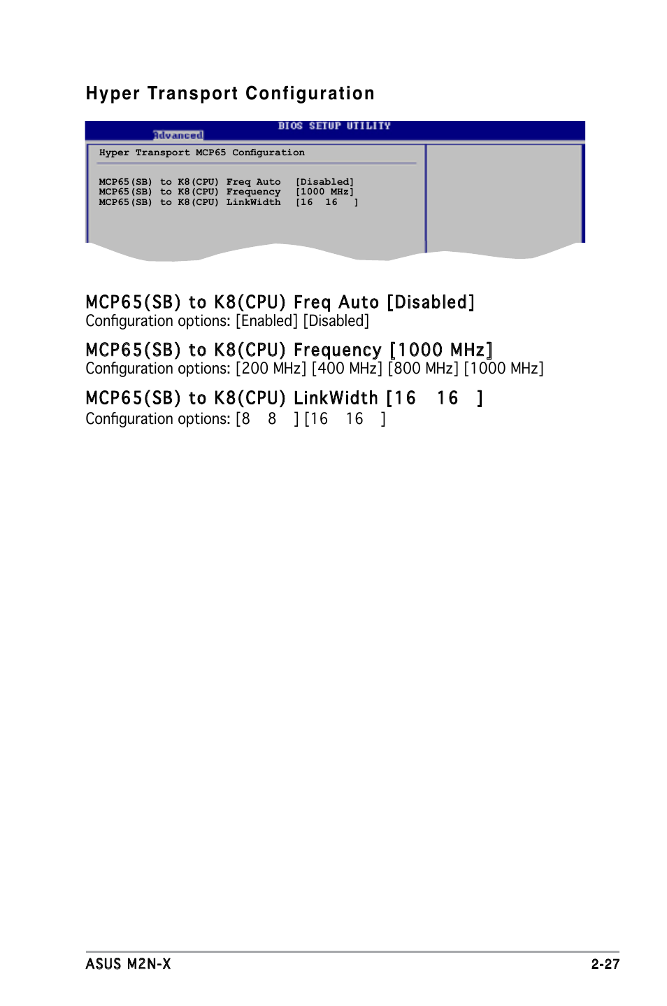 Hyper transport configuration, Mcp65(sb) to k8(cpu) freq auto [disabled | Asus M2N-X User Manual | Page 69 / 92