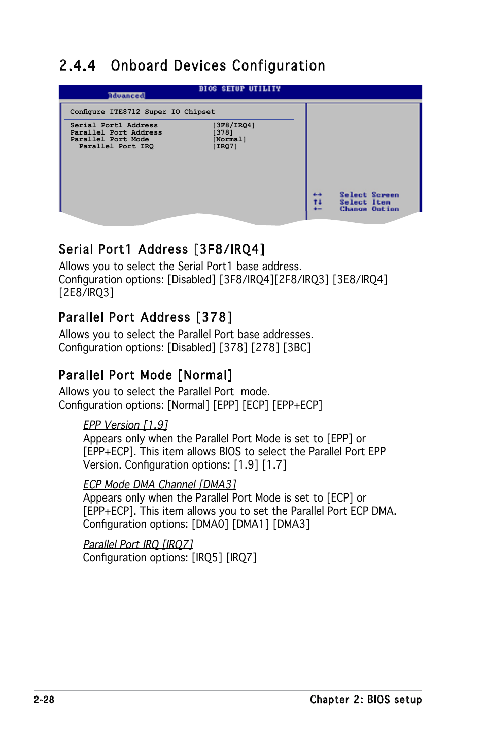 4 onboard devices configuration, Serial port1 address [3f8/irq4, Parallel port address [378 | Parallel port mode [normal | Asus M2N-X User Manual | Page 70 / 92