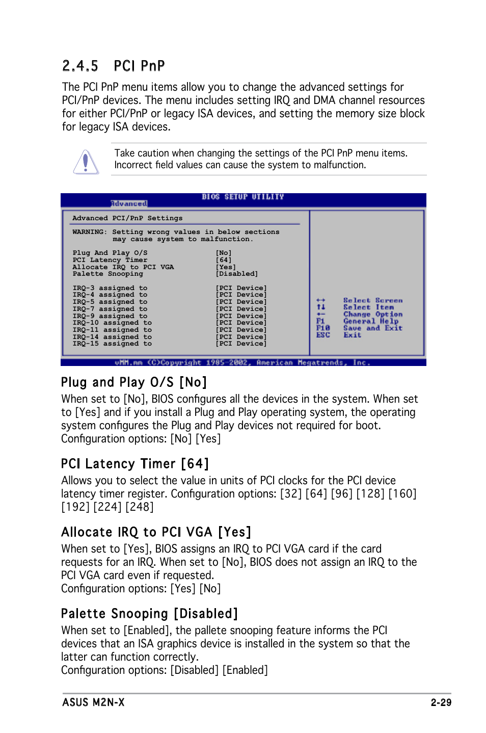 5 pci pnp, Plug and play o/s [no, Pci latency timer [64 | Allocate irq to pci vga [yes, Palette snooping [disabled | Asus M2N-X User Manual | Page 71 / 92
