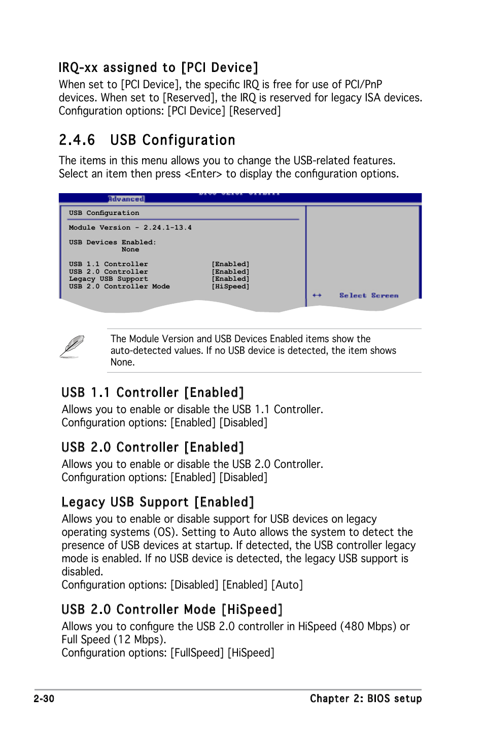 6 usb configuration, Usb 1.1 controller [enabled, Usb 2.0 controller [enabled | Legacy usb support [enabled, Usb 2.0 controller mode [hispeed, Irq-xx assigned to [pci device | Asus M2N-X User Manual | Page 72 / 92