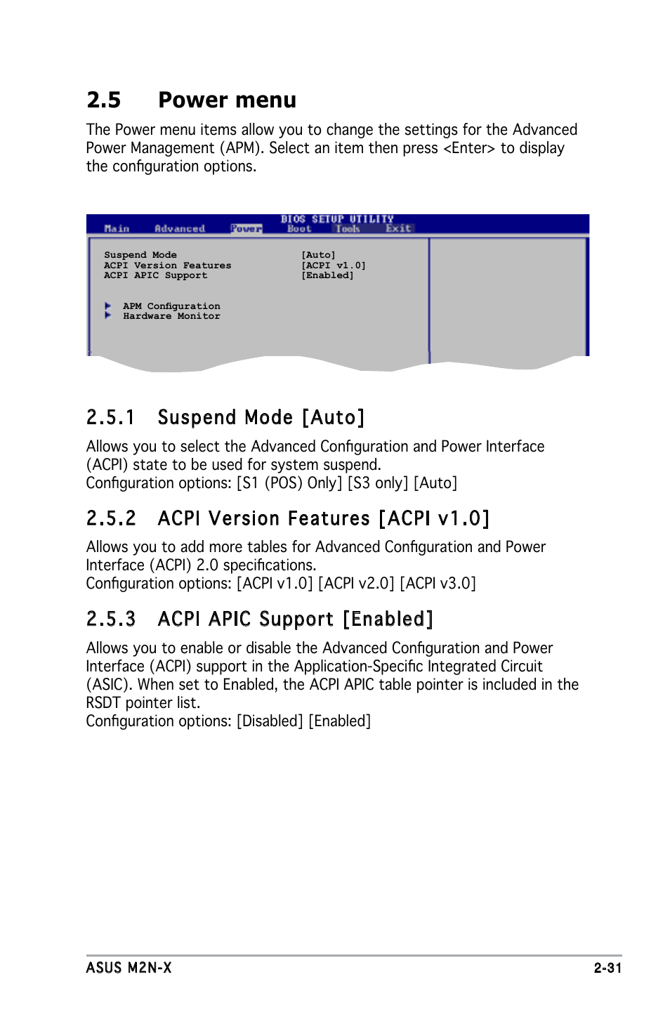 5 power menu, 1 suspend mode [auto, 2 acpi version features [acpi v1.0 | 3 acpi apic support [enabled | Asus M2N-X User Manual | Page 73 / 92