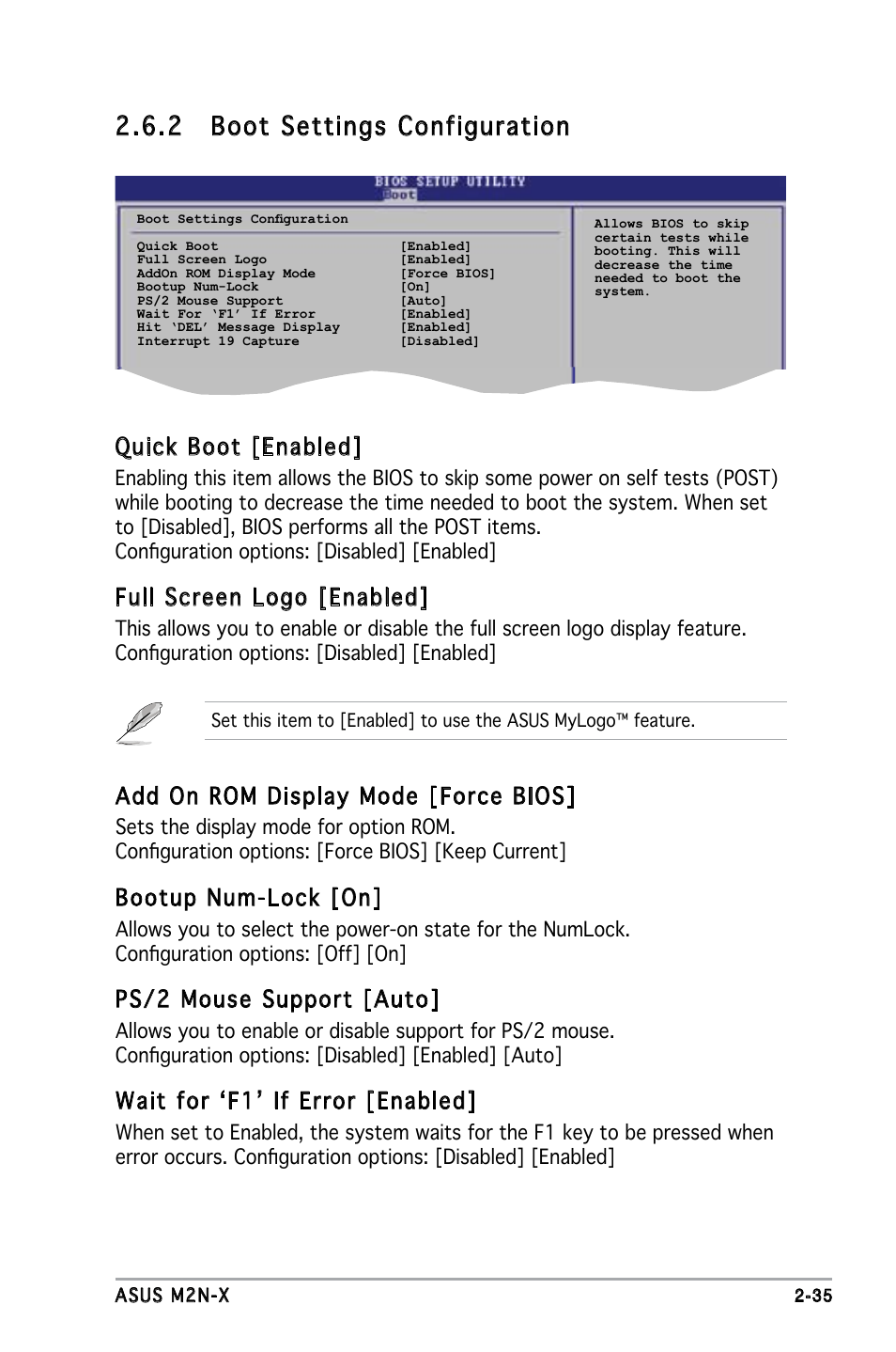 2 boot settings configuration, Quick boot [enabled, Full screen logo [enabled | Add on rom display mode [force bios, Bootup num-lock [on, Ps/2 mouse support [auto, Wait for ‘f1’ if error [enabled | Asus M2N-X User Manual | Page 77 / 92