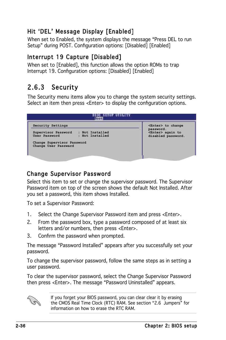 3 security, Hit ‘del’ message display [enabled, Interrupt 19 capture [disabled | Change supervisor password | Asus M2N-X User Manual | Page 78 / 92