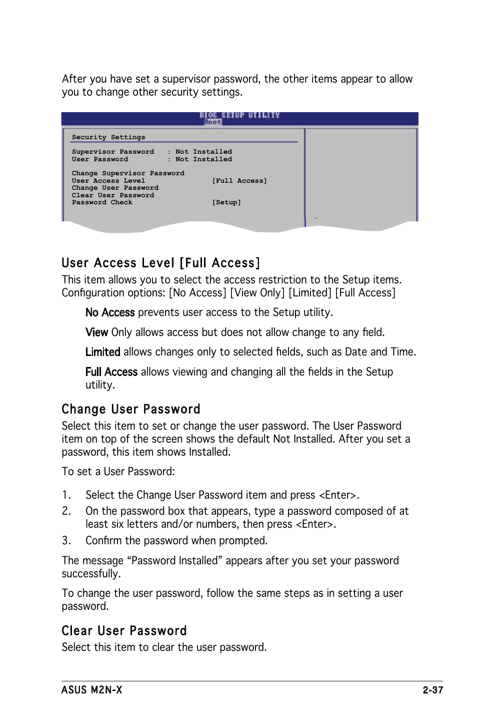 User access level [full access, Change user password, Clear user password | Asus M2N-X User Manual | Page 79 / 92