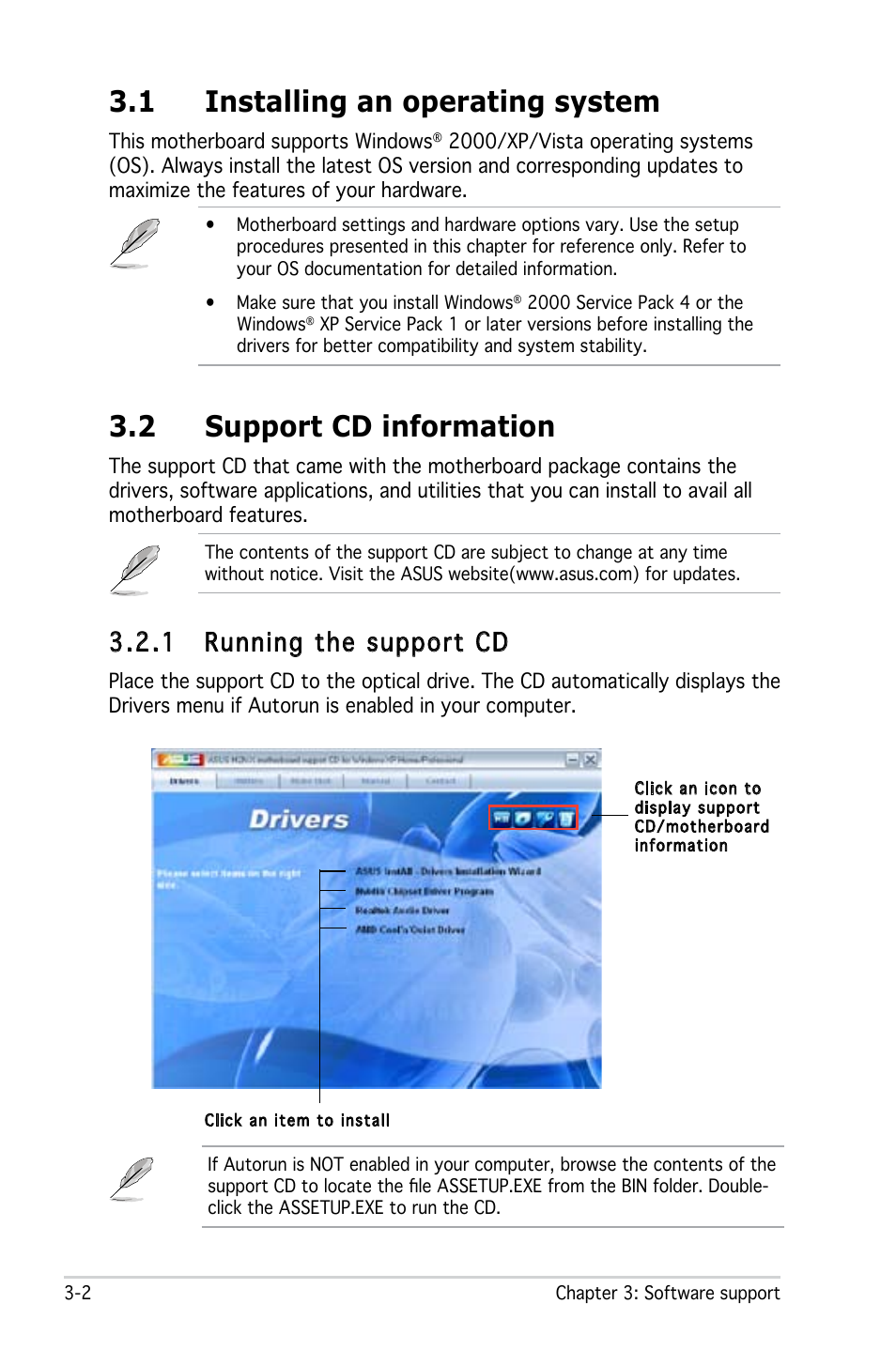 1 installing an operating system, 2 support cd information, 1 running the support cd | Asus M2N-X User Manual | Page 84 / 92