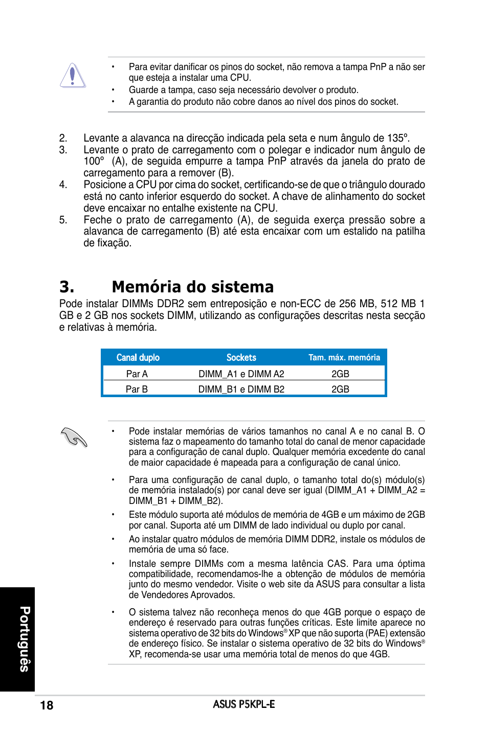 Memória do sistema, Português | Asus P5KPL-E User Manual | Page 18 / 38