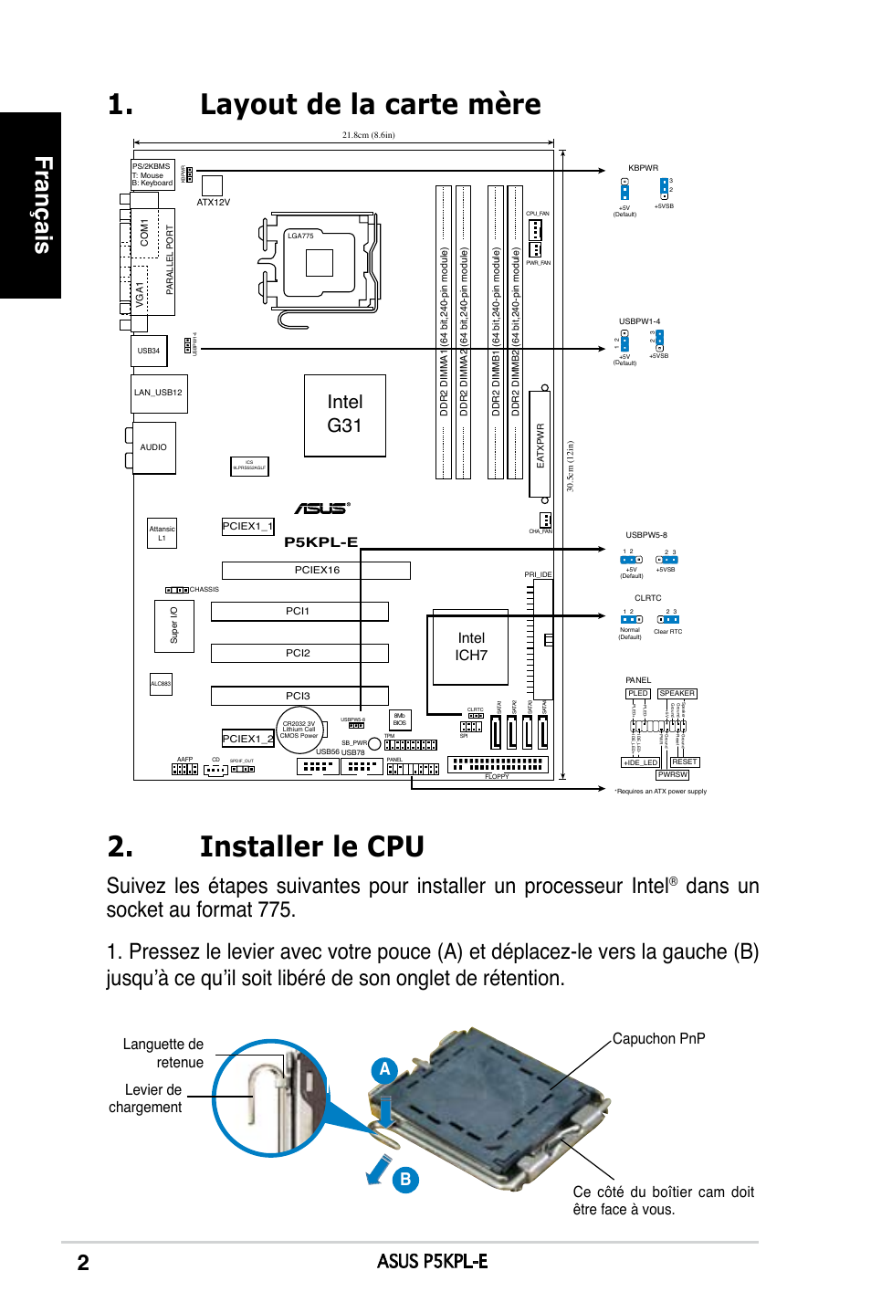 Installer le cpu, Layout de la carte mère, Français | Intel g31, Asus p5kpl-e, Intel ich7, P5kpl-e | Asus P5KPL-E User Manual | Page 2 / 38