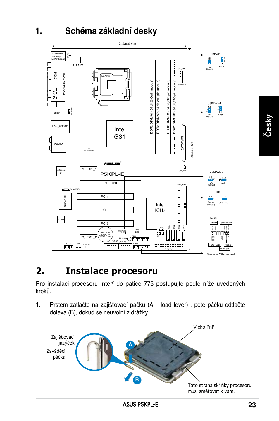 Schéma základní desky 2. instalace procesoru, Česky, Pro instalaci procesoru intel | Intel g31, Asus p5kpl-e, Ab b, Intel ich7, P5kpl-e | Asus P5KPL-E User Manual | Page 23 / 38