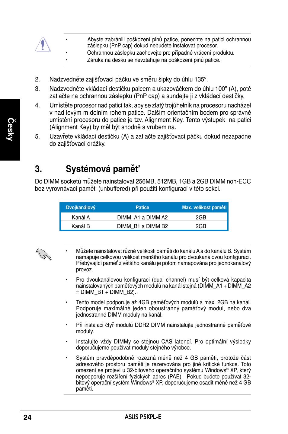 Systémová pamět, Česky | Asus P5KPL-E User Manual | Page 24 / 38